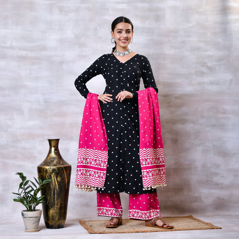 Black & Pink Buttoned Kurta Dupatta Pant Set with Pompoms