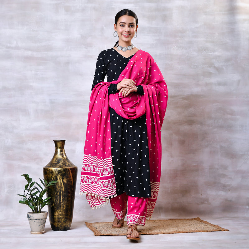 Black & Pink Buttoned Kurta Dupatta Pant Set with Pompoms