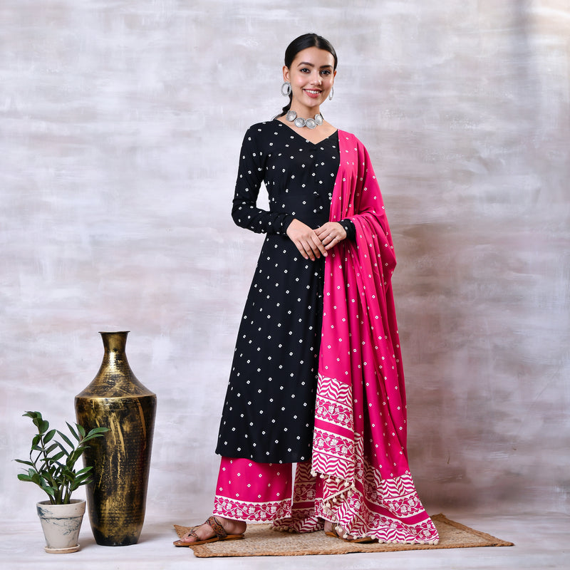 Black & Pink Buttoned Kurta Dupatta Pant Set with Pompoms