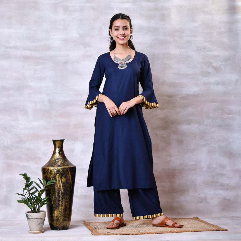 Blue & Striped Kurta Dupatta Set with Bell Sleeves