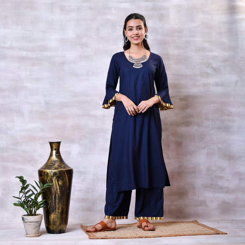 Blue & Striped Kurta Dupatta Set with Bell Sleeves