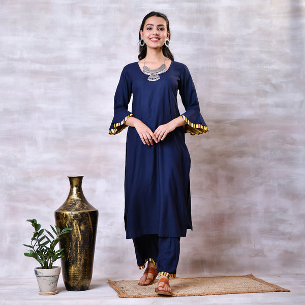 Blue & Striped Kurta Dupatta Set with Bell Sleeves