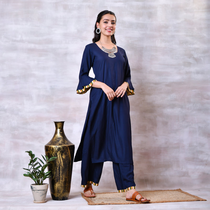 Blue & Striped Kurta Dupatta Set with Bell Sleeves