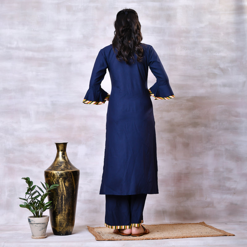 Blue & Striped Kurta Dupatta Set with Bell Sleeves