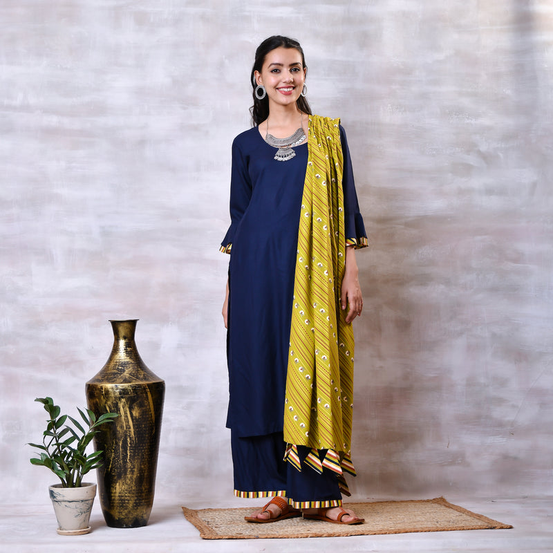 Blue & Striped Kurta Dupatta Set with Bell Sleeves