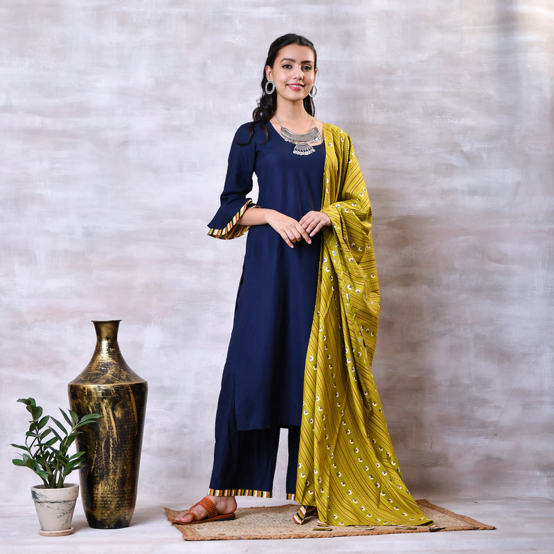 Blue & Striped Kurta Dupatta Set with Bell Sleeves