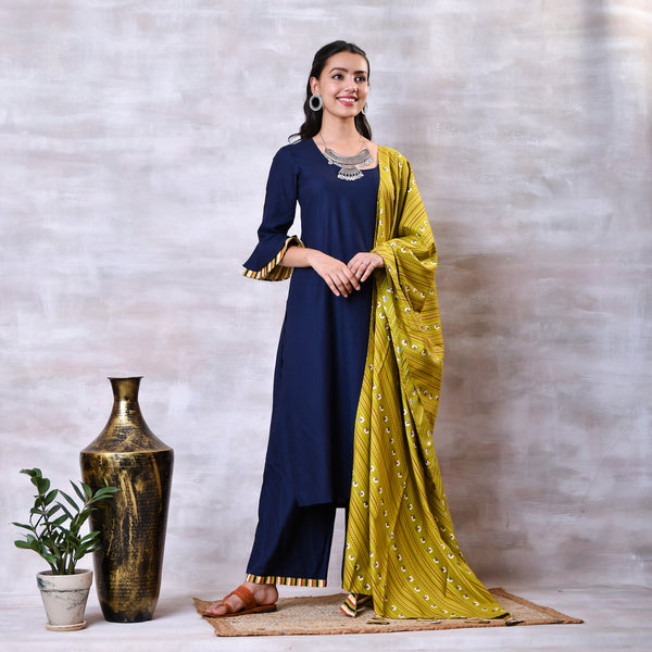 Blue & Striped Kurta Dupatta Set with Bell Sleeves