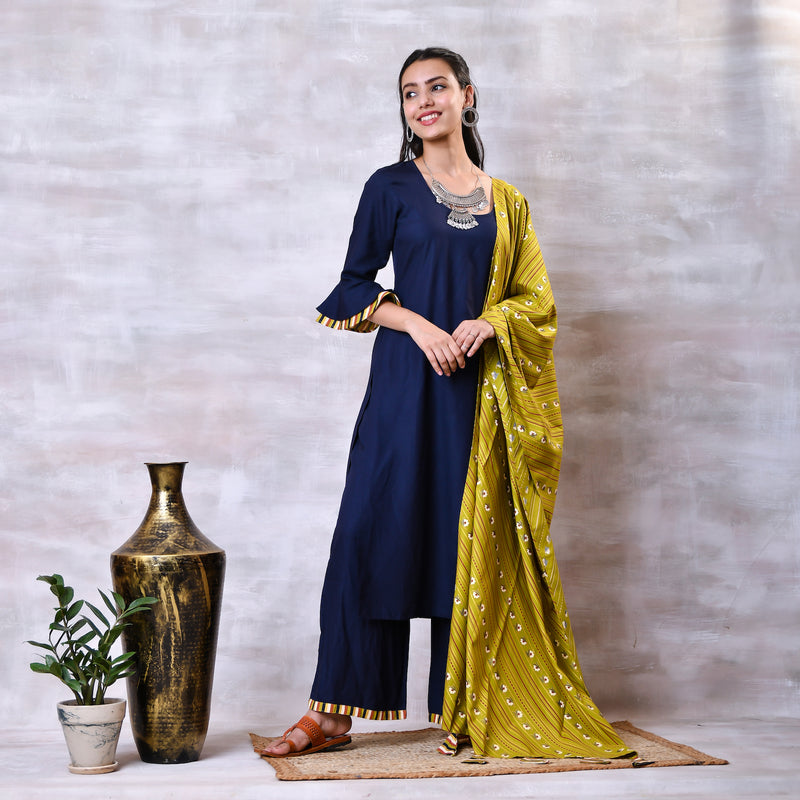 Blue & Striped Kurta Dupatta Set with Bell Sleeves