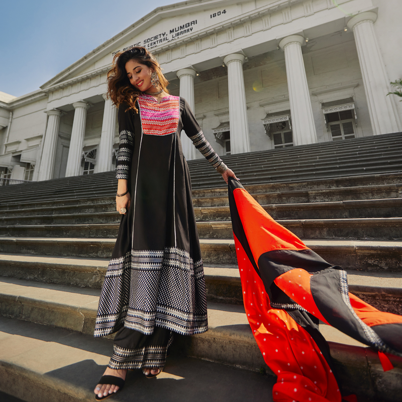 Black & Pink Silver Printed Flared Kurta Dupatta Set with Gota Details