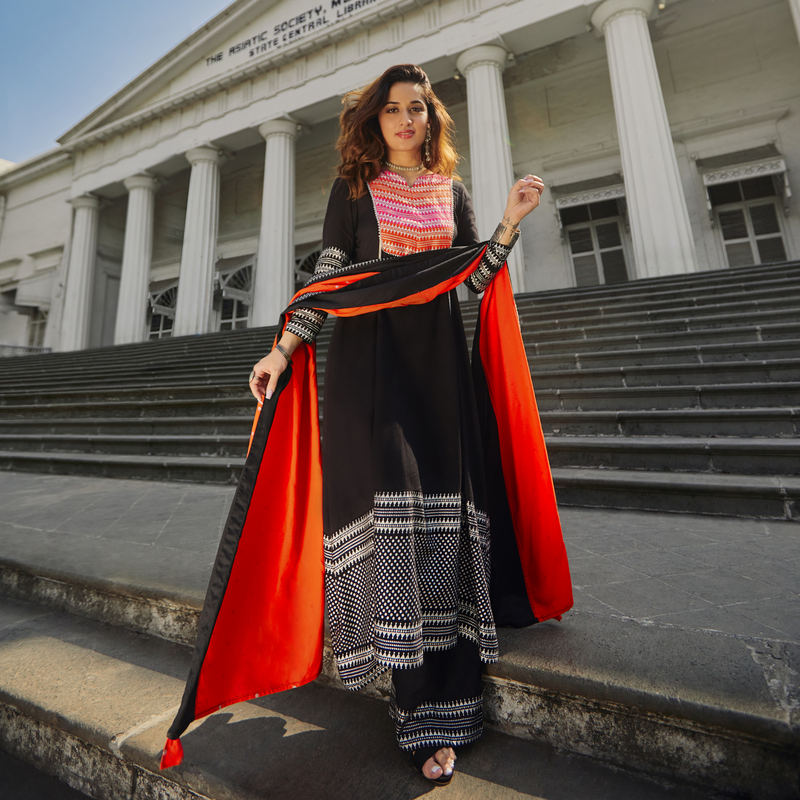 Black & Pink Silver Printed Flared Kurta Dupatta Set with Gota Details