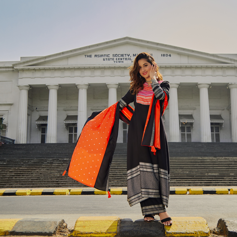 Black & Pink Silver Printed Flared Kurta Dupatta Set with Gota Details