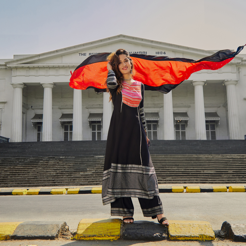 Black & Pink Silver Printed Flared Kurta Dupatta Set with Gota Details