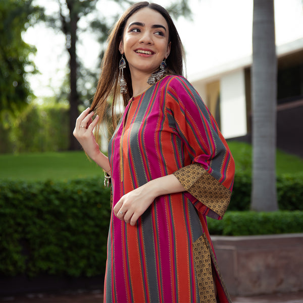 Pink Rust & Grey Striped Long Kurta