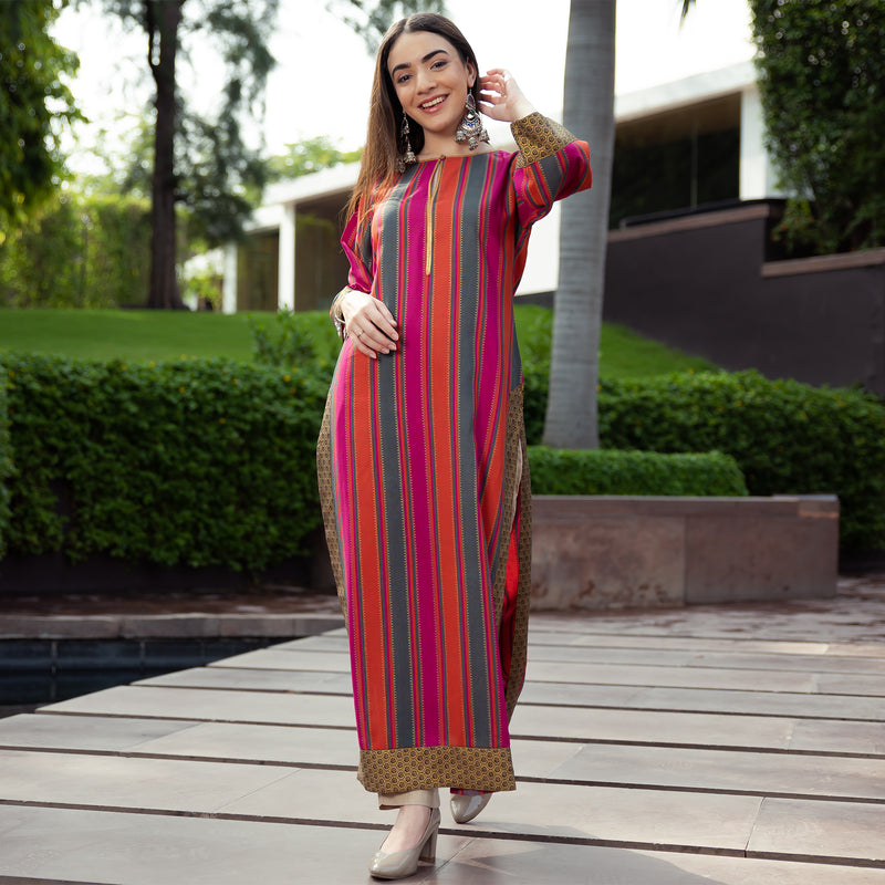 Pink Rust & Grey Striped Long Kurta