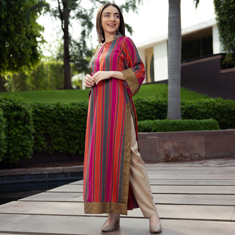 Pink Rust & Grey Striped Long Kurta