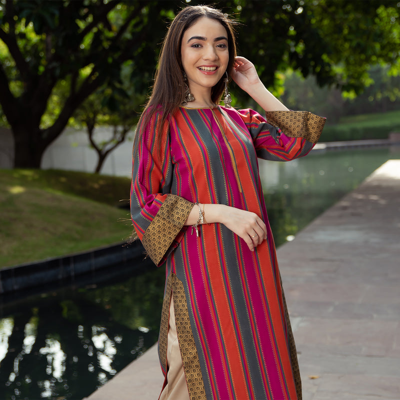 Pink Rust & Grey Striped Long Kurta