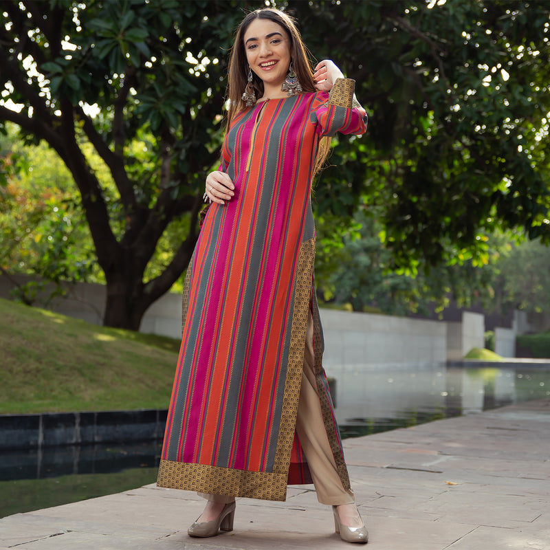 Pink Rust & Grey Striped Long Kurta