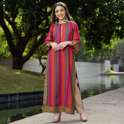 Pink Rust & Grey Striped Long Kurta