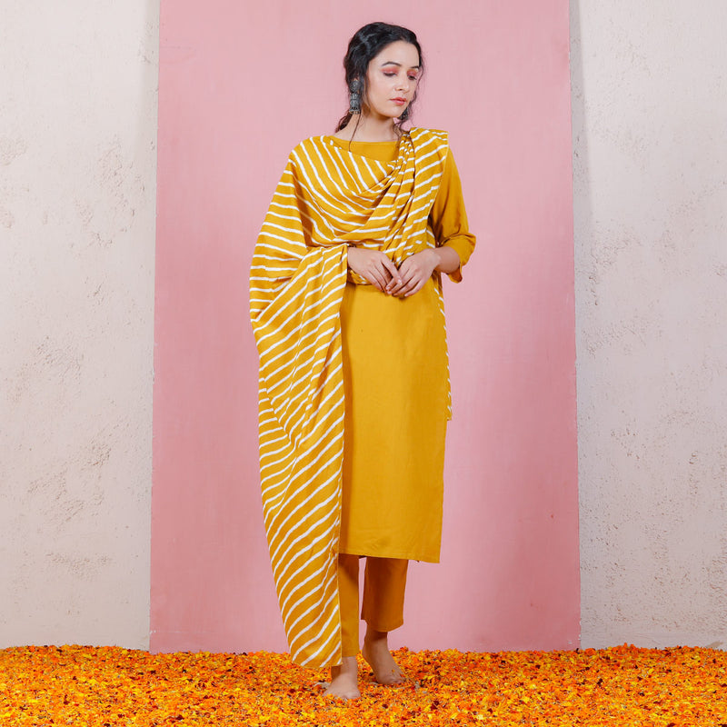 Buy A Straight Solid Yellow Embroidered Rayon Kurta With Pants And Kota  Doria Dupatta Online