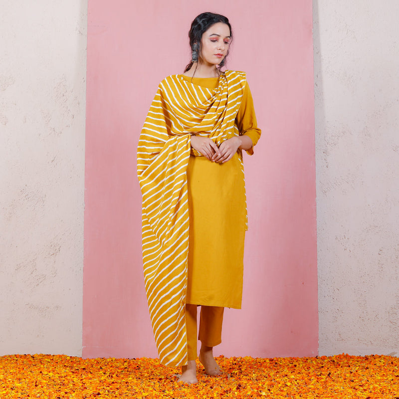 Yellow Kurta Set with Straight Pants & Dupatta