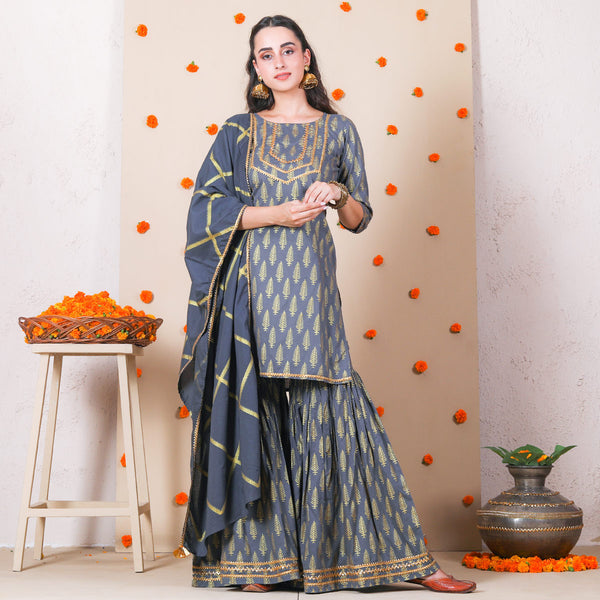 Grey Traditional Festive Gharara Kurta Dupatta Set with Gota Work