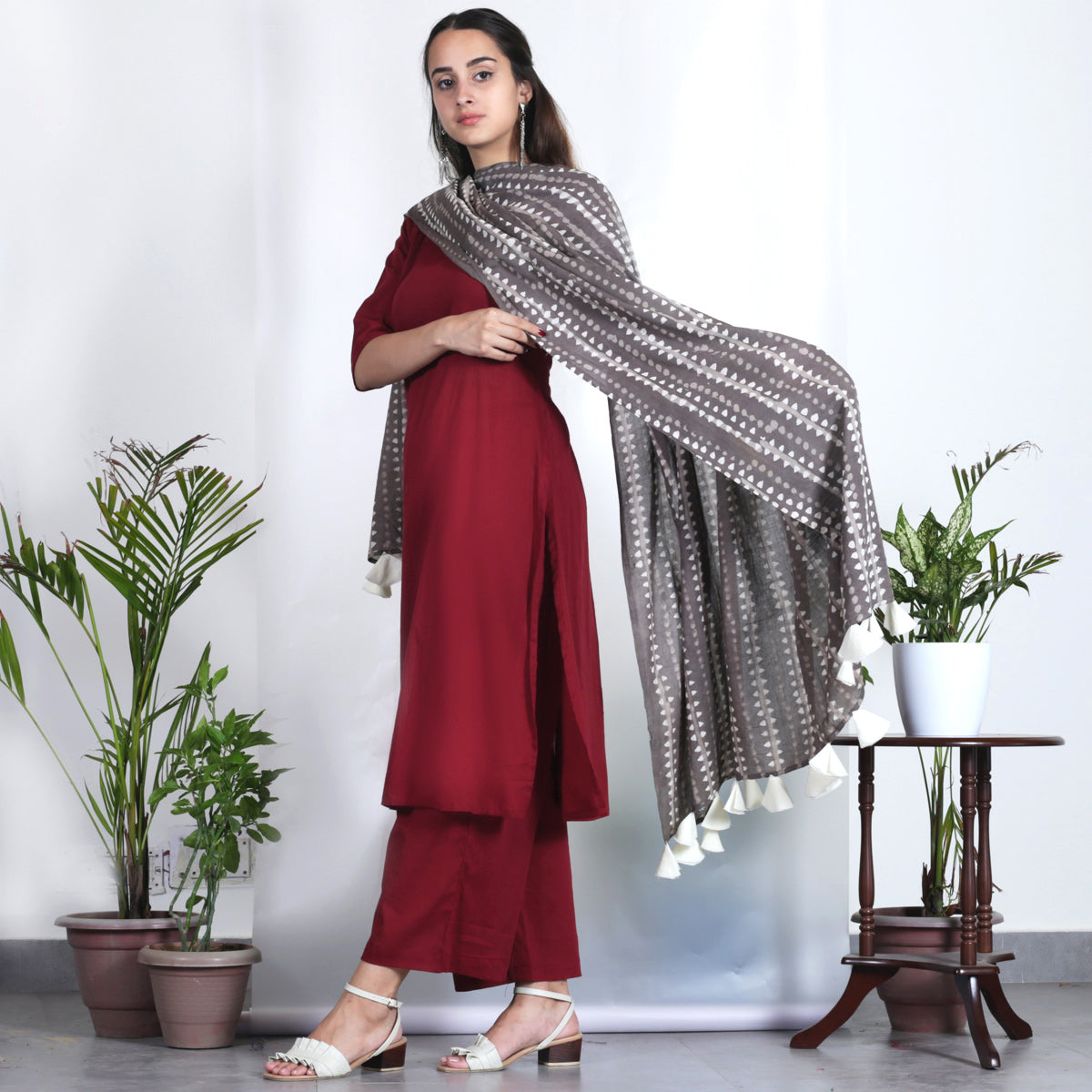 Maroon Salwar Kurta Set with Grey Dupatta