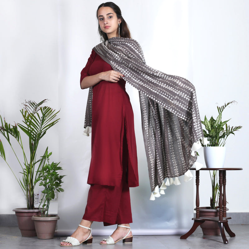 Maroon Salwar Kurta Set with Grey Dupatta