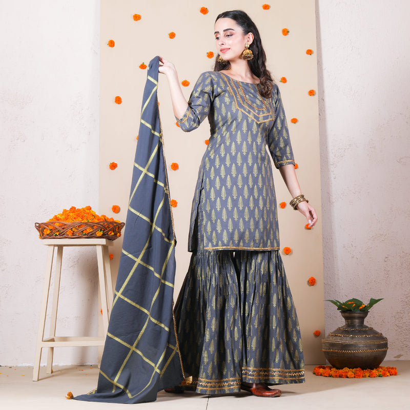 Grey Traditional Festive Gharara Kurta Dupatta Set with Gota Work