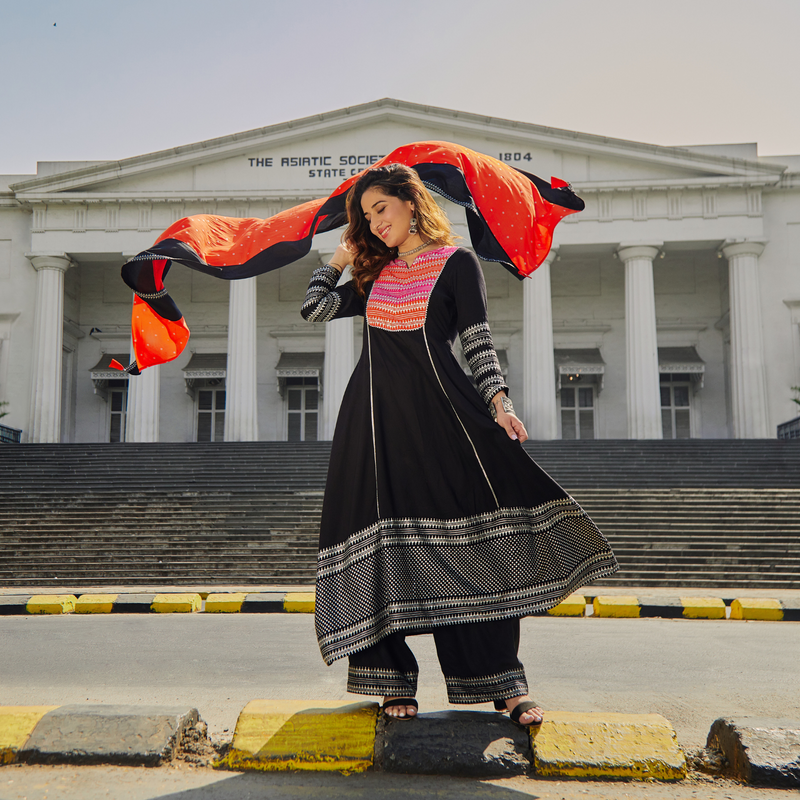 Black & Pink Silver Printed Flared Kurta Dupatta Set with Gota Details