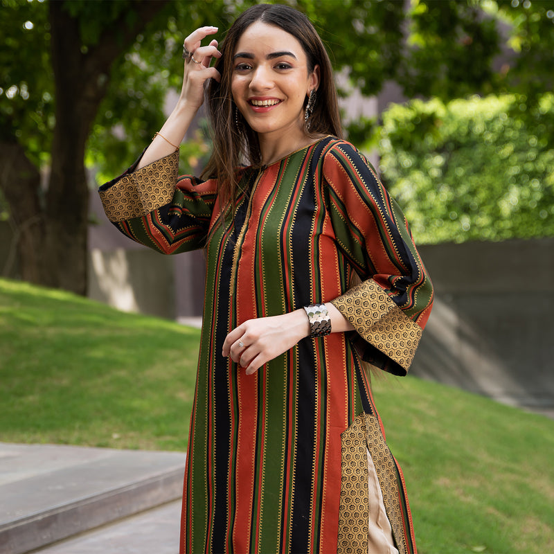 Black Brick & Green Striped Long Kurta