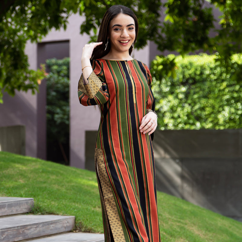 Black Brick & Green Striped Long Kurta