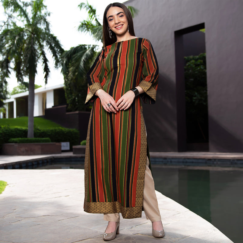 Black Brick & Green Striped Long Kurta