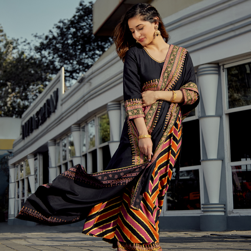 Black Multicoloured Striped Flared Kurta Pant Dupatta Set