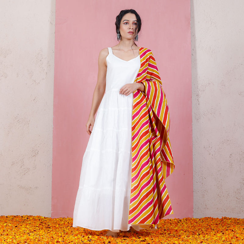 Peach & Pink Leheriya Inspired Dupatta with White Tiered Dress