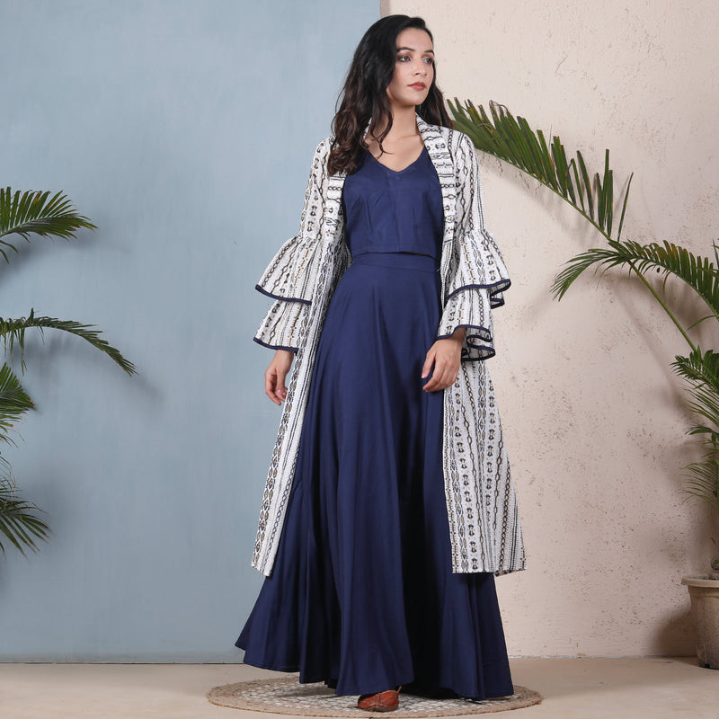 Buy Indigo Blue Crop Top Skirt Set with Tiered Bell Sleeves Shrug Rustorange