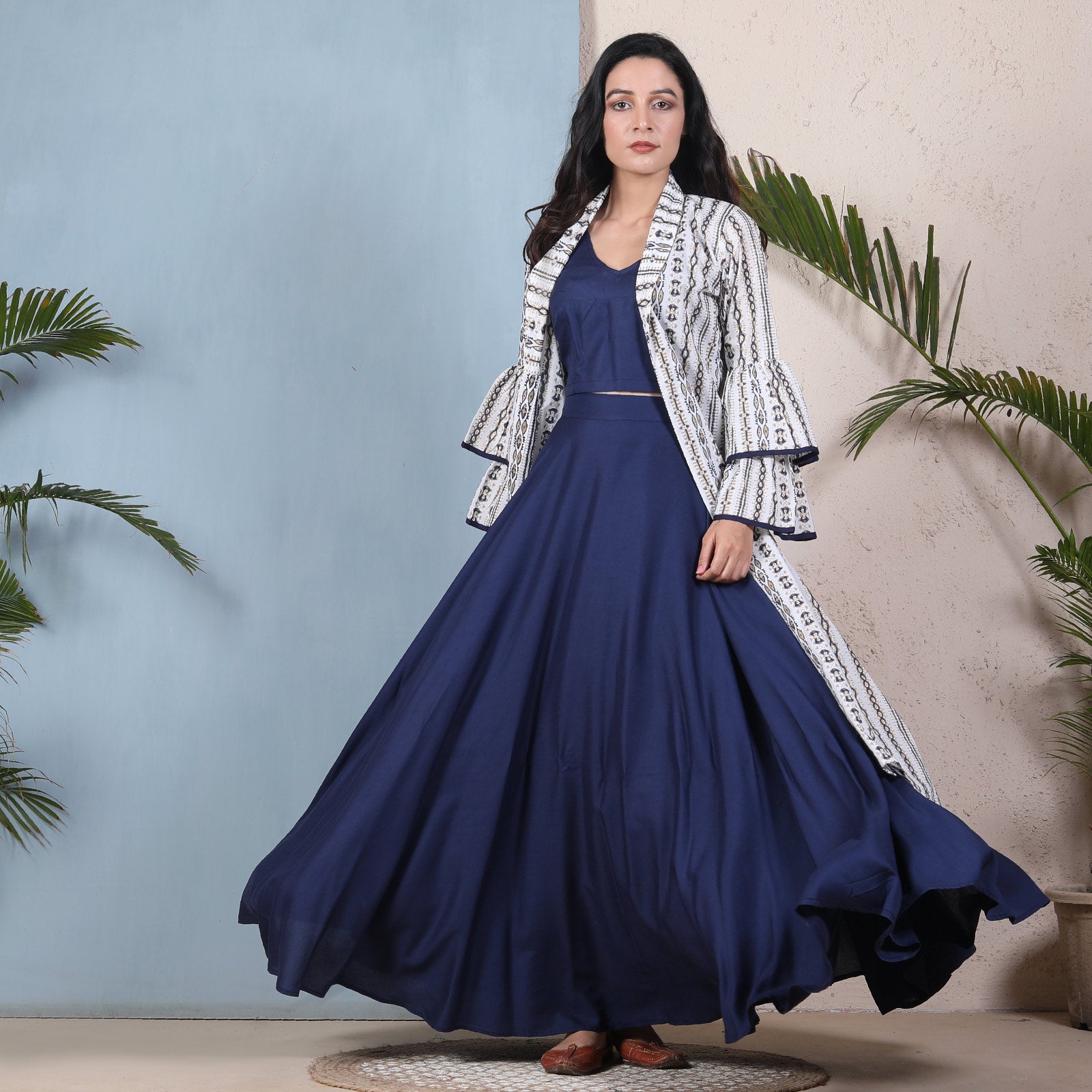 Buy Indigo Blue Crop Top Skirt Set with Tiered Bell Sleeves Shrug