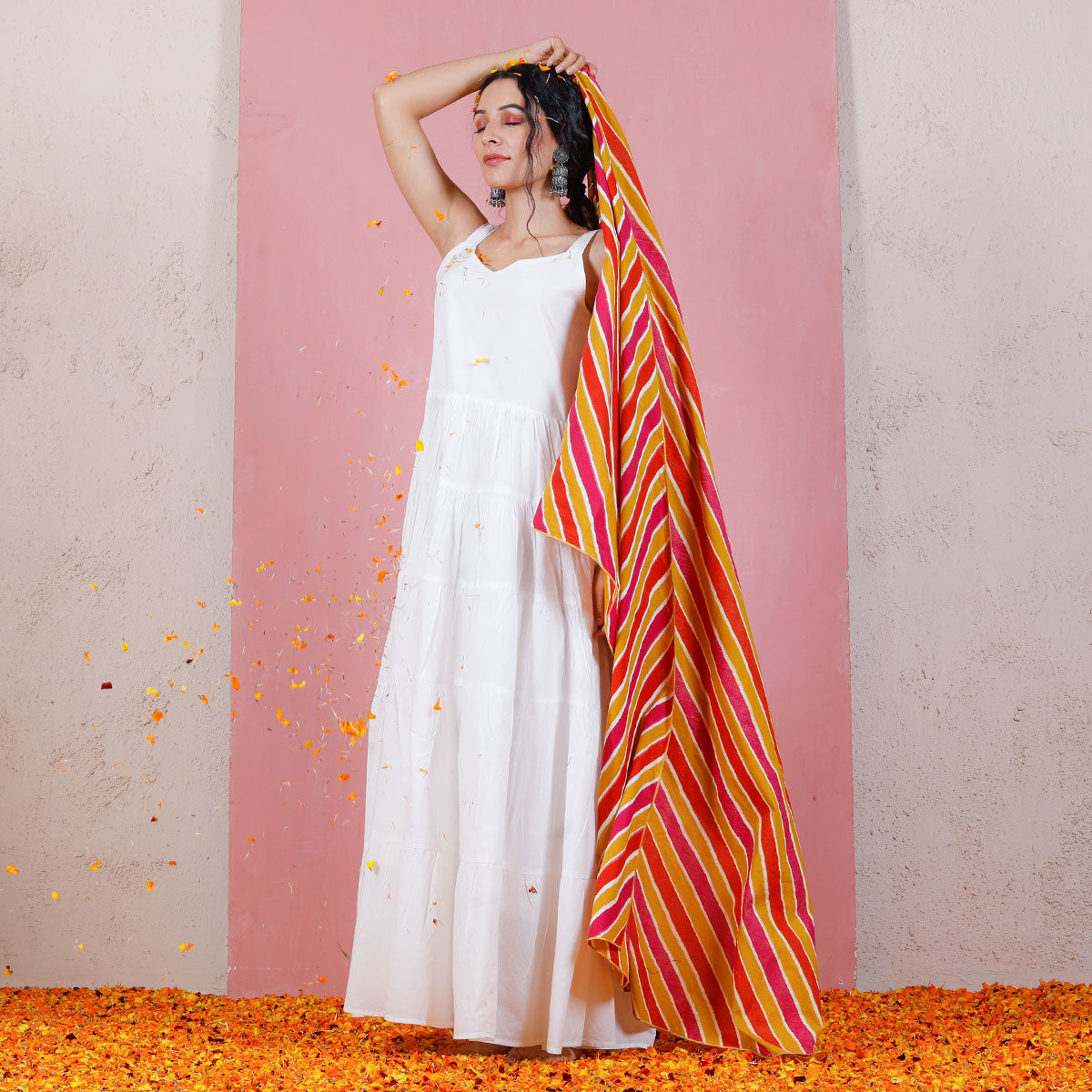 Buy Peach & Pink Leheriya Inspired Dupatta with White Tiered Dress