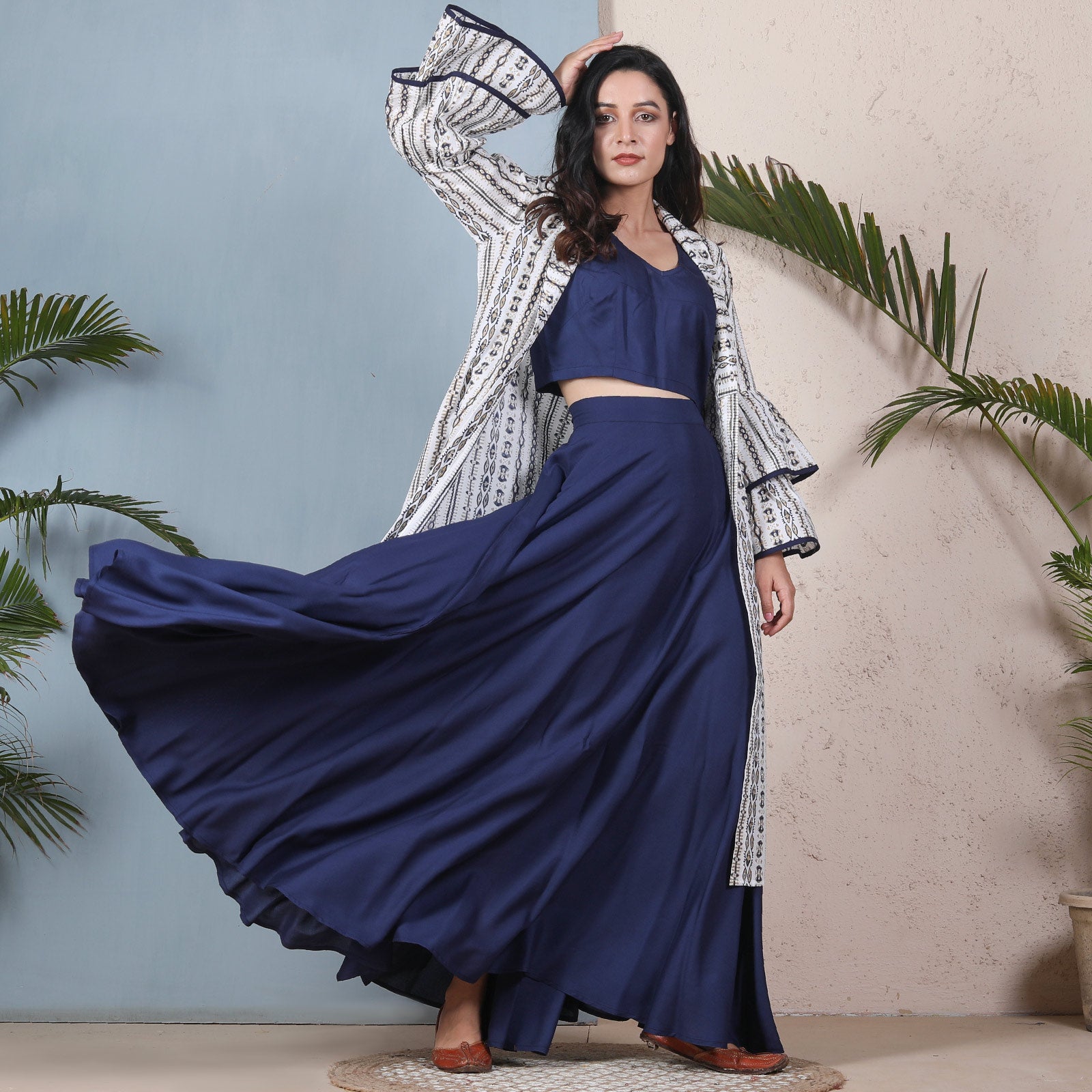 Indigo Crop Top with Pleated Skirt main image 1
