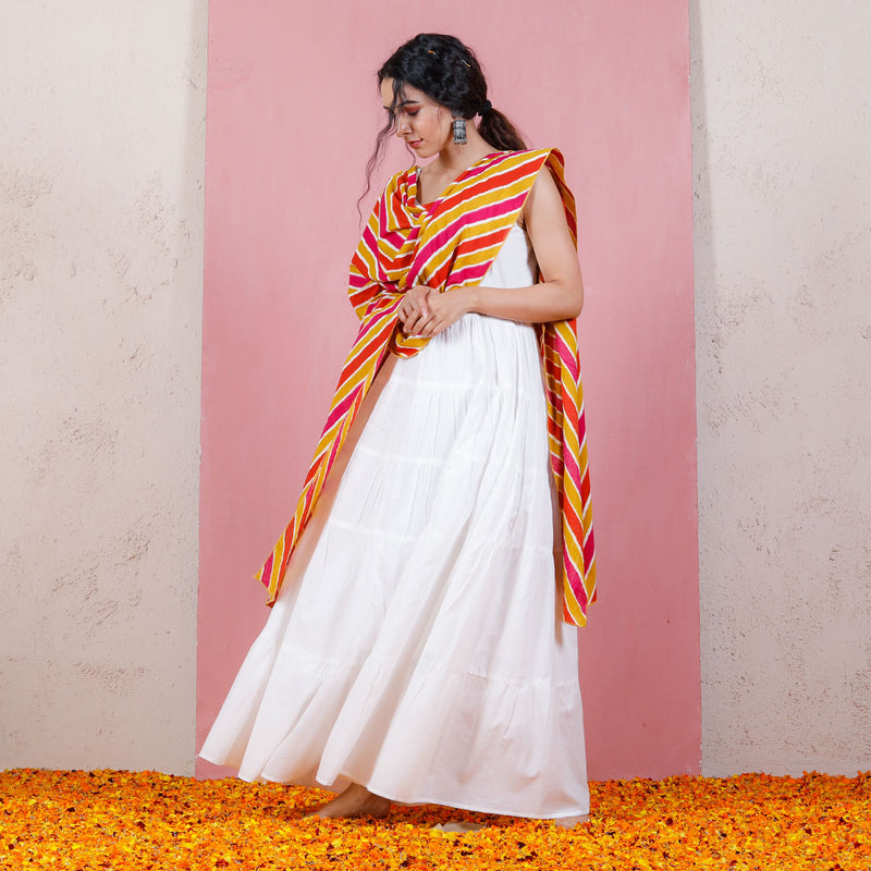 Peach & Pink Leheriya Inspired Dupatta with White Tiered Dress
