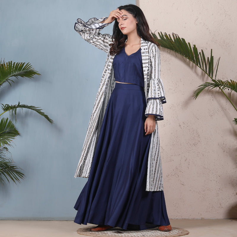 Indigo Blue Crop Top Skirt Set with Tiered Bell Sleeves Shrug