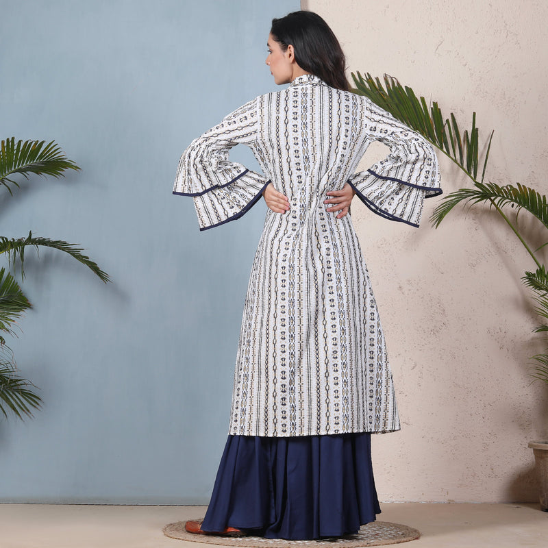 Indigo Blue Crop Top Skirt Set with Tiered Bell Sleeves Shrug