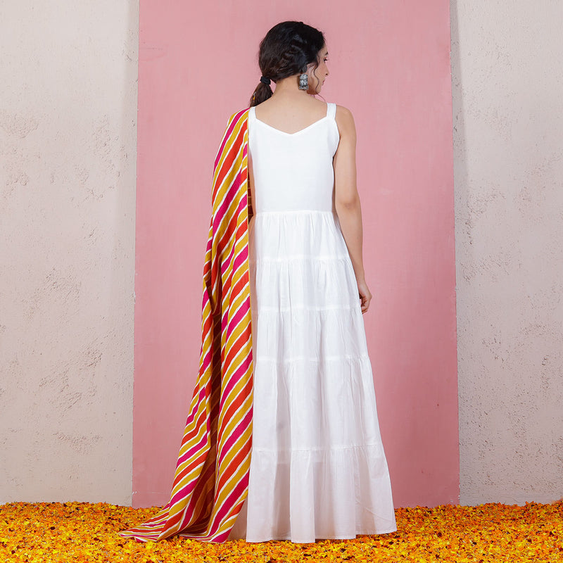 Peach & Pink Leheriya Inspired Dupatta with White Tiered Dress
