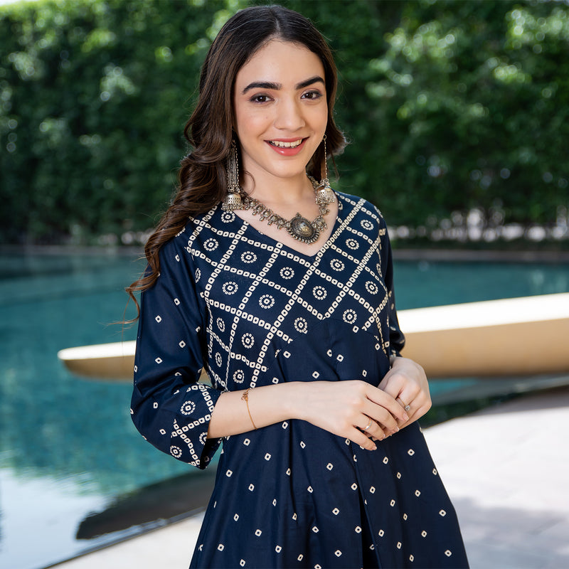 Blue Bandhani Printed Asymmetric Hem Kurta & Pants Set