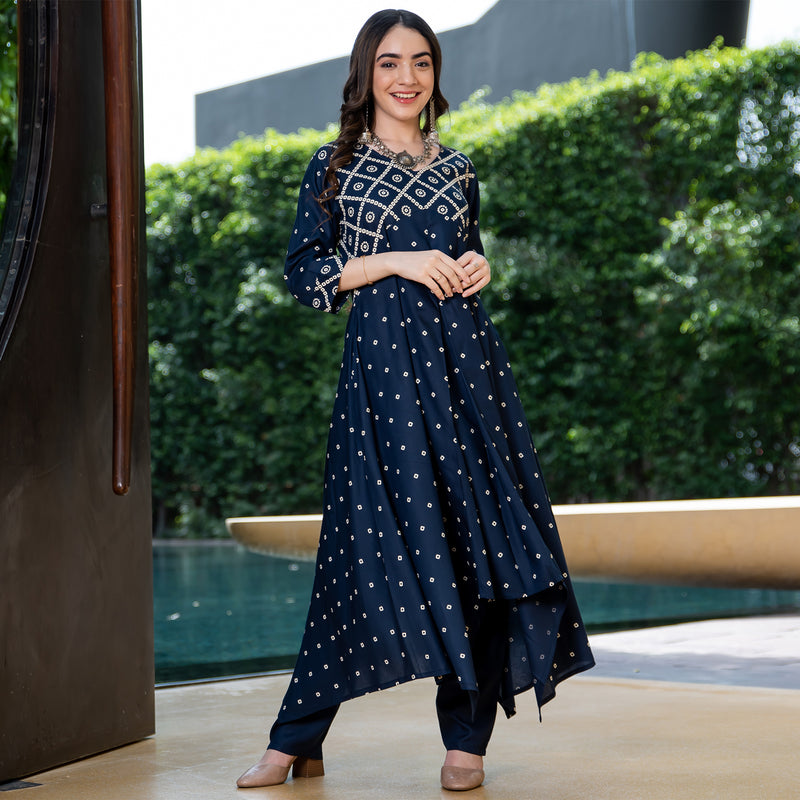Blue Bandhani Printed Asymmetric Hem Kurta & Pants Set