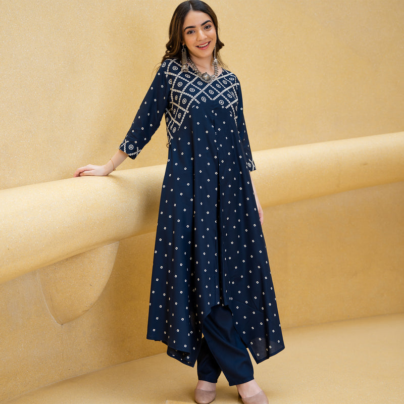 Blue Bandhani Printed Asymmetric Hem Kurta & Pants Set
