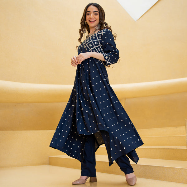 Blue Bandhani Printed Asymmetric Hem Kurta & Pants Set