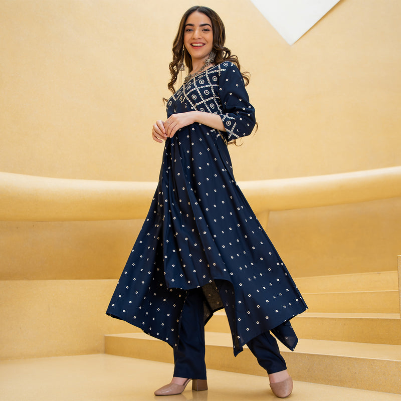 Blue Bandhani Printed Asymmetric Hem Kurta & Pants Set