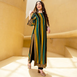 Black Teal & Yellow Striped Long Kurta