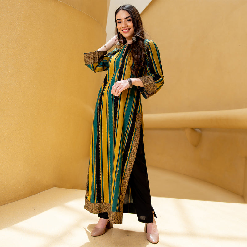 Black Teal & Yellow Striped Long Kurta