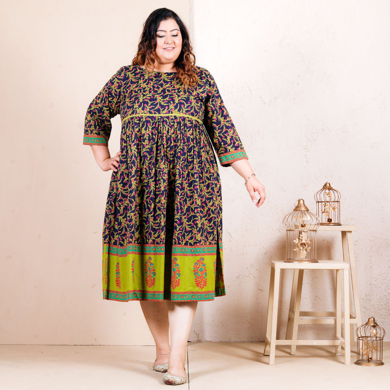 Blue Baghban Printed Gathered Dress - SOY
